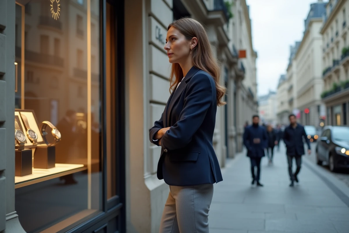 Femme en blazer marine devant la vitrine d'une boutique de montres de luxe à Paris contemplant une Rolex en devanture