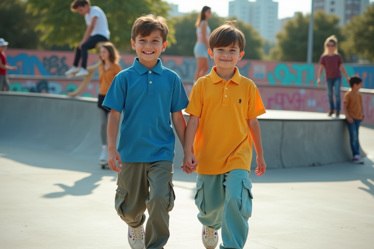 Adolescents en polo coloré près d’un skatepark urbain