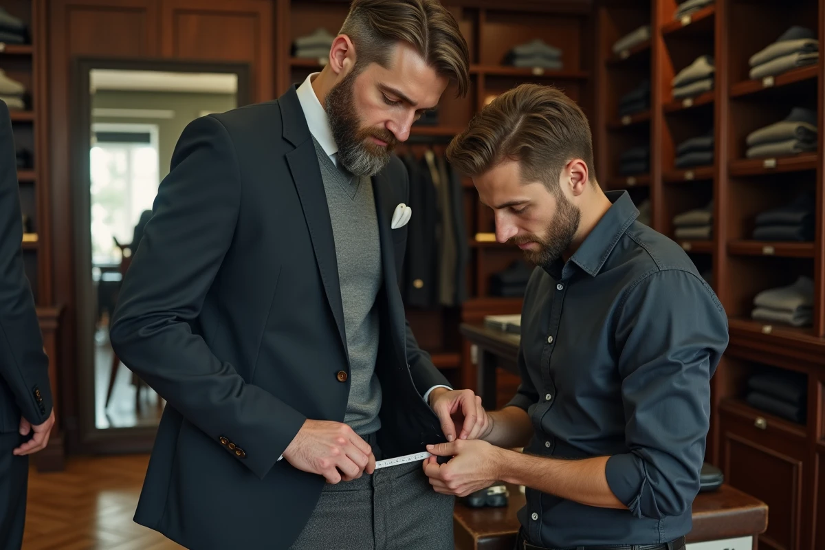 Client en costume essayant un pantalon de luxe pendant un ajustement d'ourlet par un tailleur dans une boutique haut de gamme