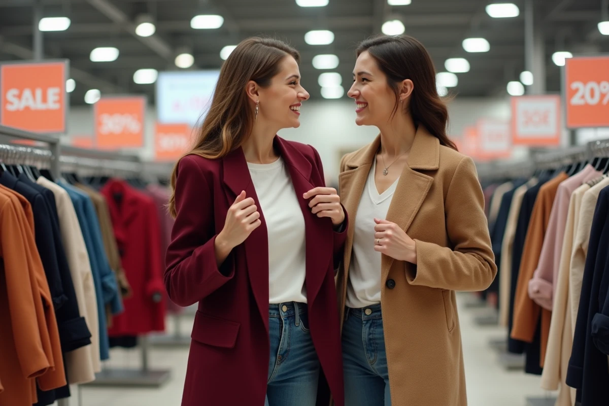 Deux amies comparant des manteaux soldés dans le rayon déstockage d'un grand magasin de mode