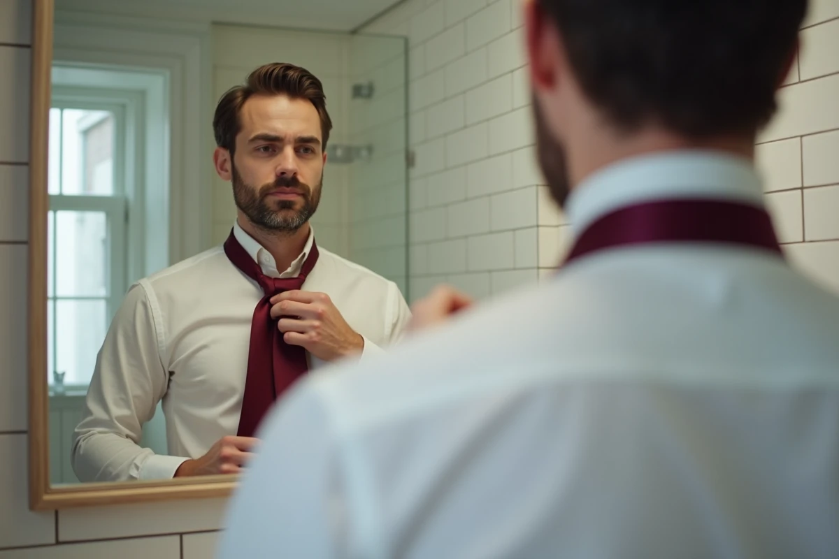 Homme apprenant à faire un nœud de cravate double Windsor devant un miroir de salle de bain