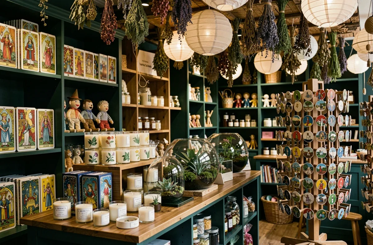 Boutique L'Arbre aux Souhaits à Brest remplie d'objets insolites et de cadeaux artisanaux comme des jeux de tarot illustrés, des terrariums en verre et des marionnettes faites main sous un plafond de plantes séchées