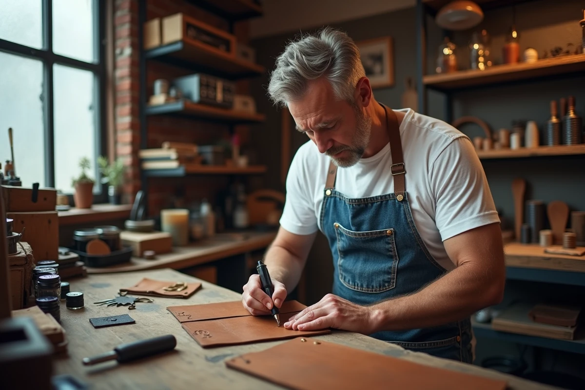 Artisan gravant un portefeuille en cuir personnalisé dans un atelier, fabrication artisanale de cadeaux sur mesure Vie en Mode