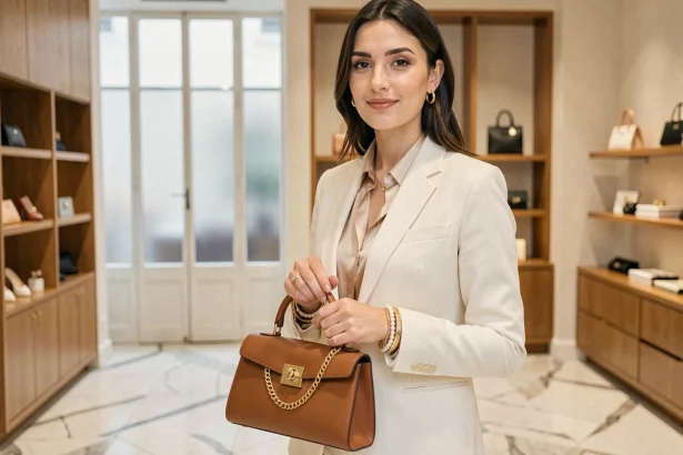 Femme élégante associant un charm handbag en cuir structuré avec des bijoux dorés et un blazer crème dans une boutique parisienne