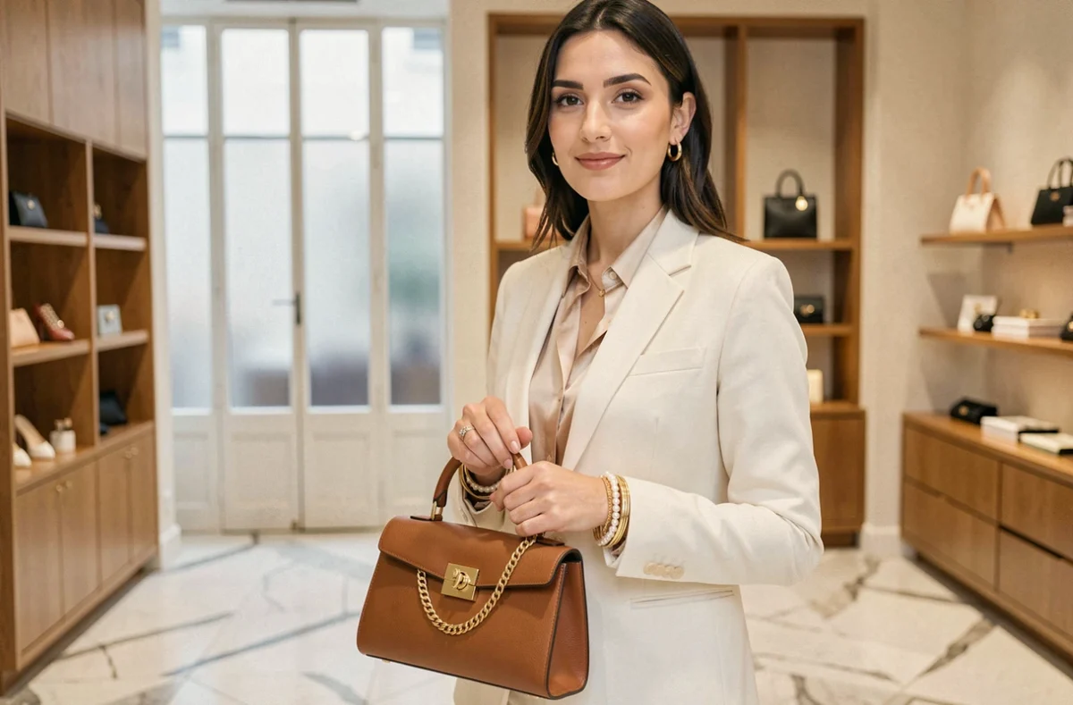 Femme élégante associant un charm handbag en cuir structuré avec des bijoux dorés et un blazer crème dans une boutique parisienne