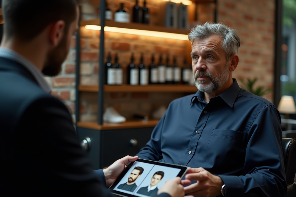 Homme en salon de coiffure avec le barbier et tablette