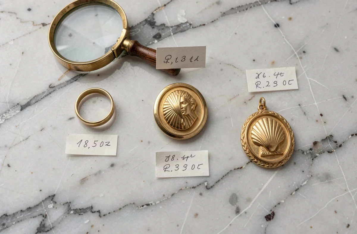 Trois bijoux camées en or 18 carats disposés en flat lay sur marbre avec étiquettes de prix et loupe d'évaluation