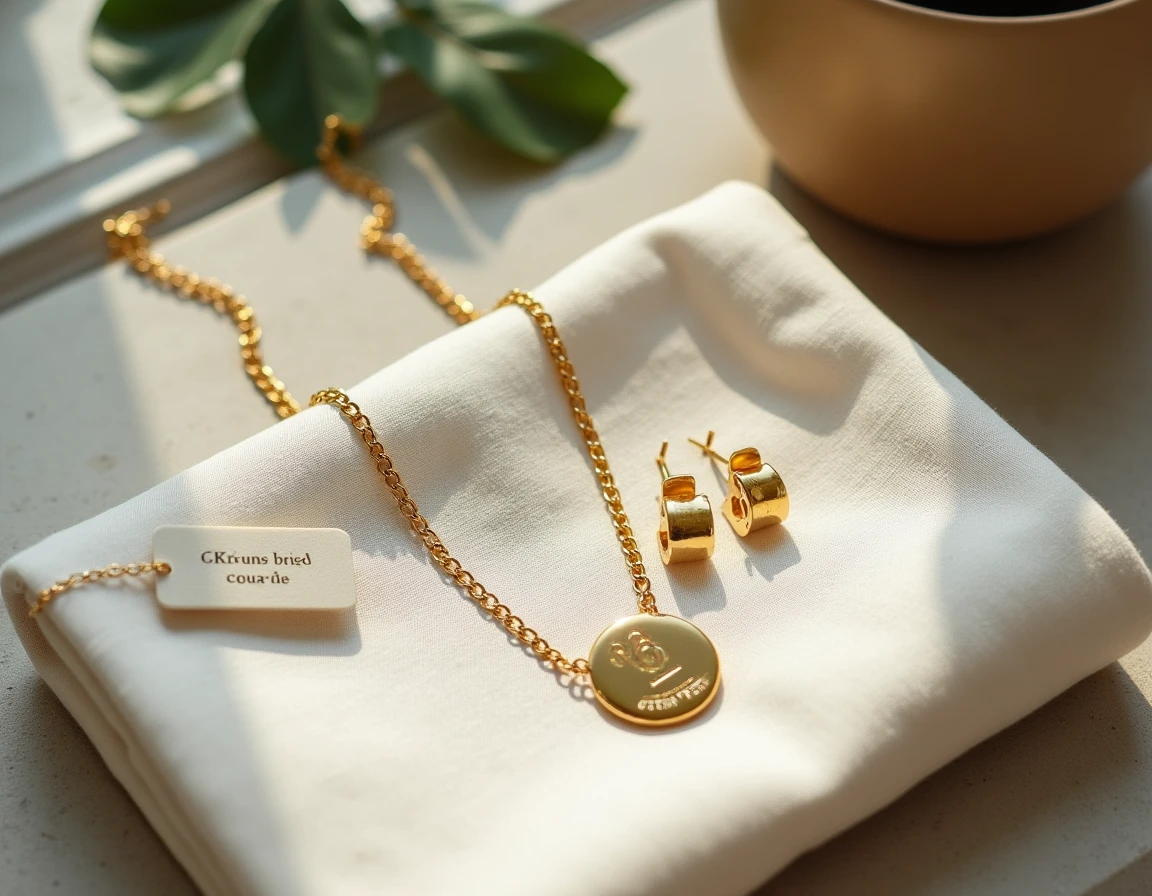 Collier et boucles d'oreilles en or plaqué 18 carats avec étiquette sur tissu lin crème