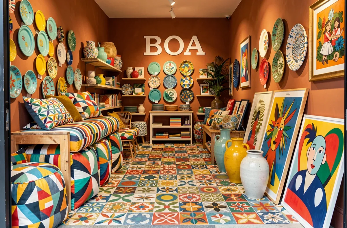 Boutique Boa à Rennes spécialisée en décoration colorée, avec des coussins à motifs géométriques, des assiettes en céramique peintes à la main et des vases sculpturaux sur fond de murs terracotta et carreaux de ciment