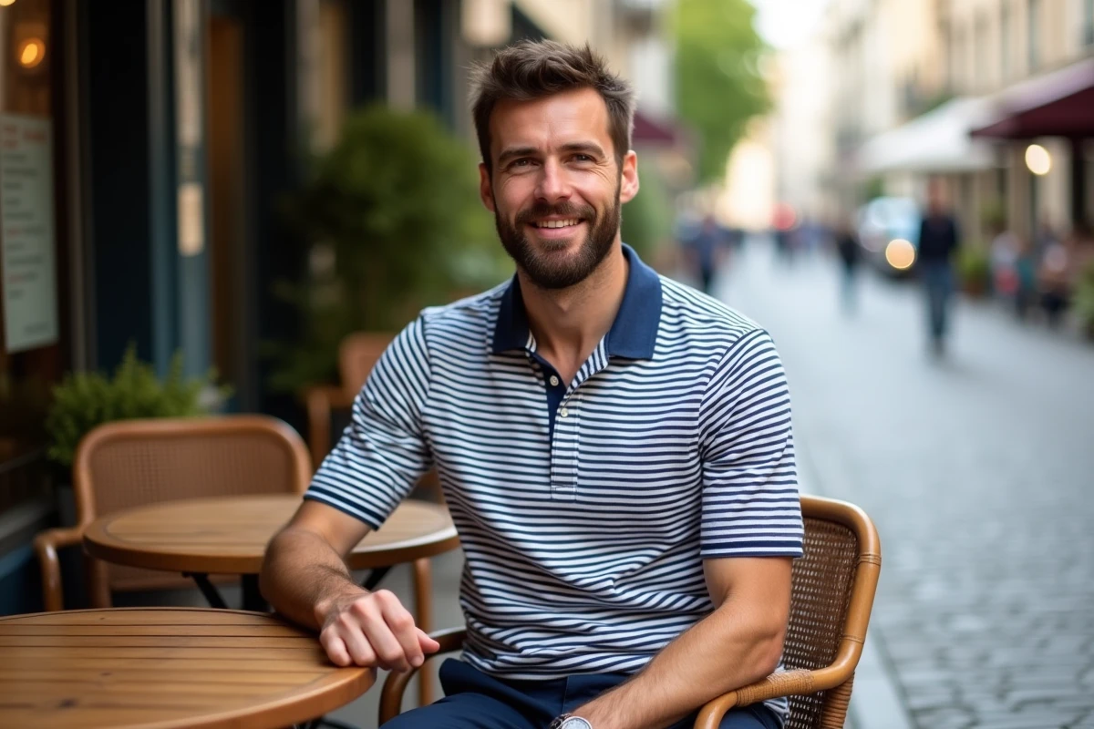Homme portant une marinière Bob Ricard authentique assis à la terrasse d'un café parisien