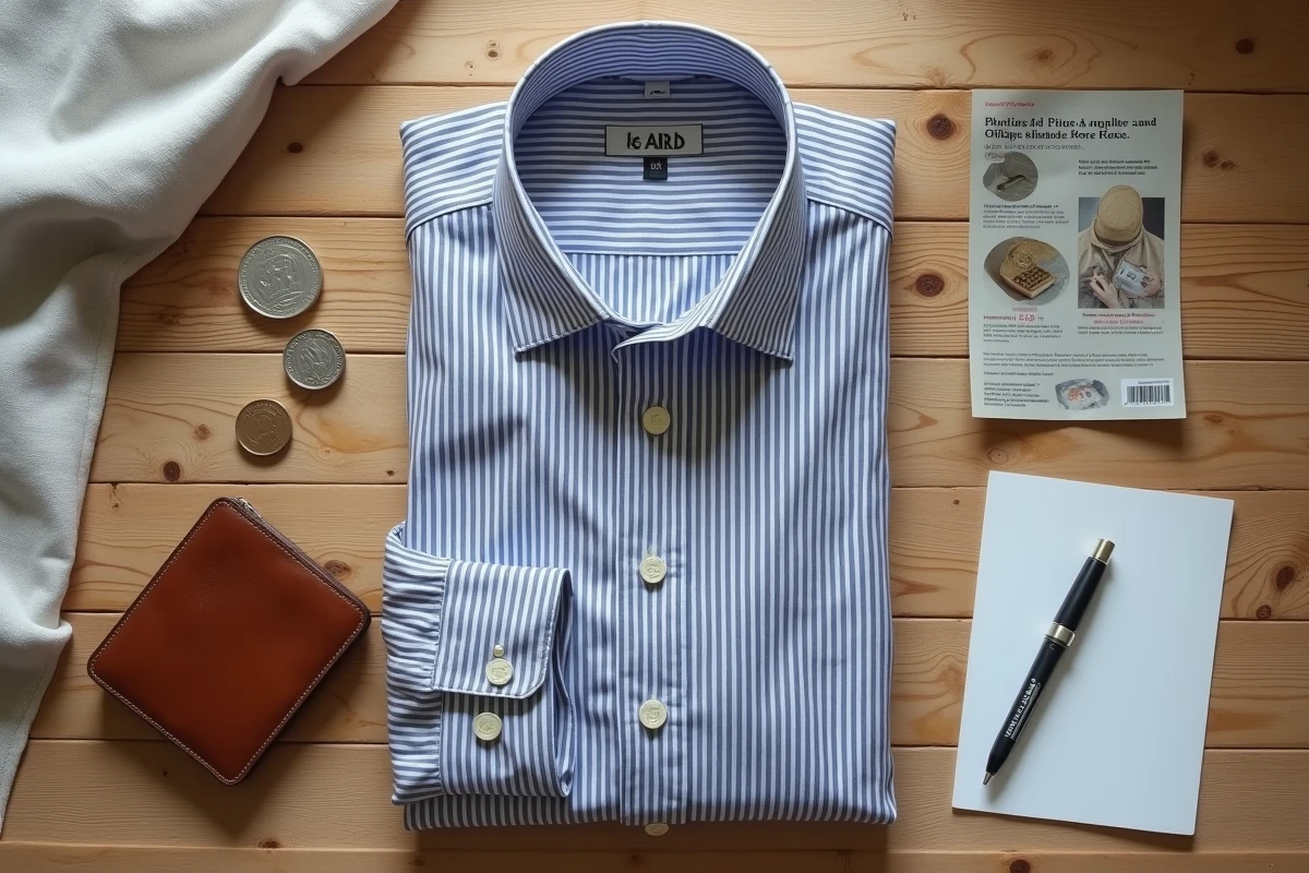 Flat-lay d'une marinière Bob Ricard pliée avec des accessoires évoquant le bon plan et le petit prix