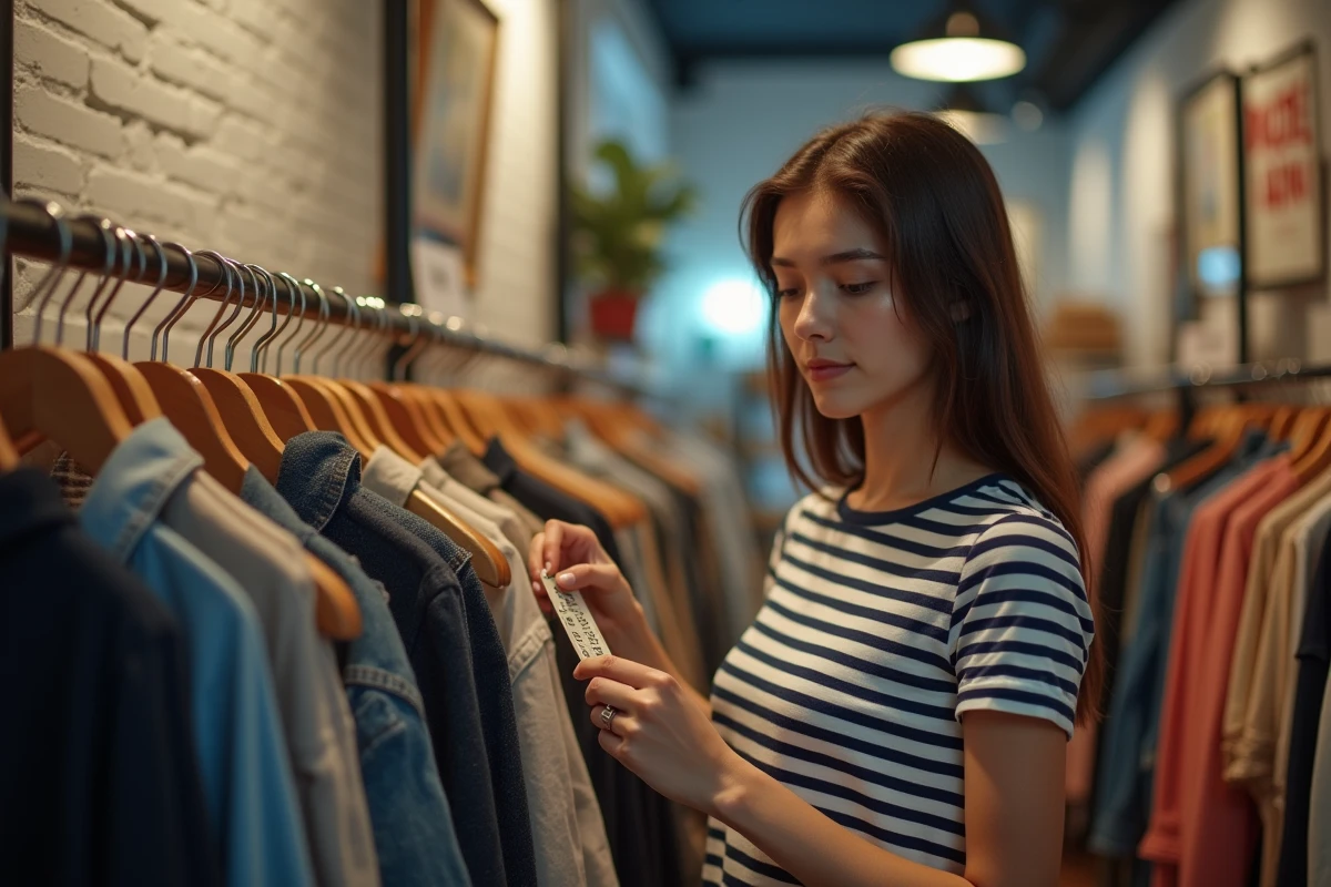 Jeune femme en marinière rayée style Bob Ricard faisant du shopping dans une boutique de vêtements pas cher