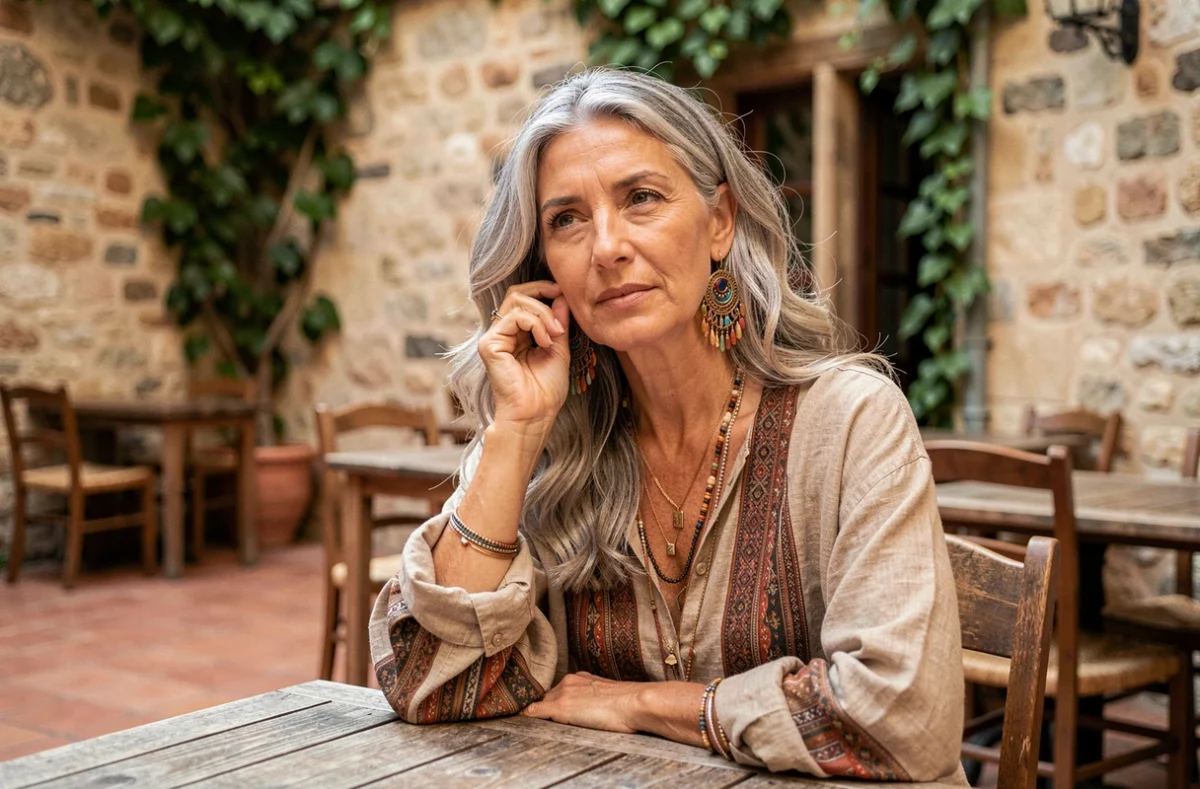 Femme mature portant des boucles d'oreilles bohèmes dans une cour méditerranéenne, confort et style pour oreilles sensibles