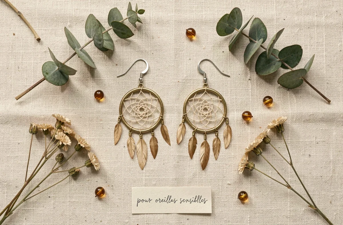 Flat-lay de boucles d'oreilles bohèmes hypoallergéniques avec éléments floraux séchés, présentation lifestyle pour oreilles sensibles