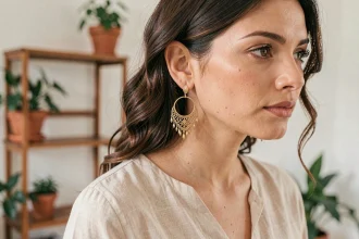 Femme portant une boucle d'oreille bohème hypoallergénique en or avec détails en filigrane, idéale pour oreilles sensibles