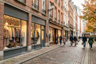 Rue commerçante du Nord avec boutiques de vêtements et architecture flamande
