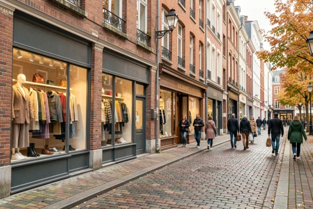 Rue commerçante du Nord avec boutiques de vêtements et architecture flamande