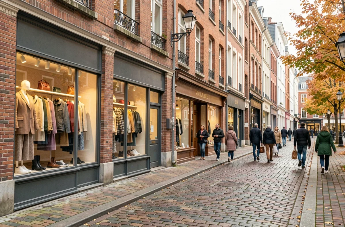 Rue commerçante du Nord avec boutiques de vêtements et architecture flamande