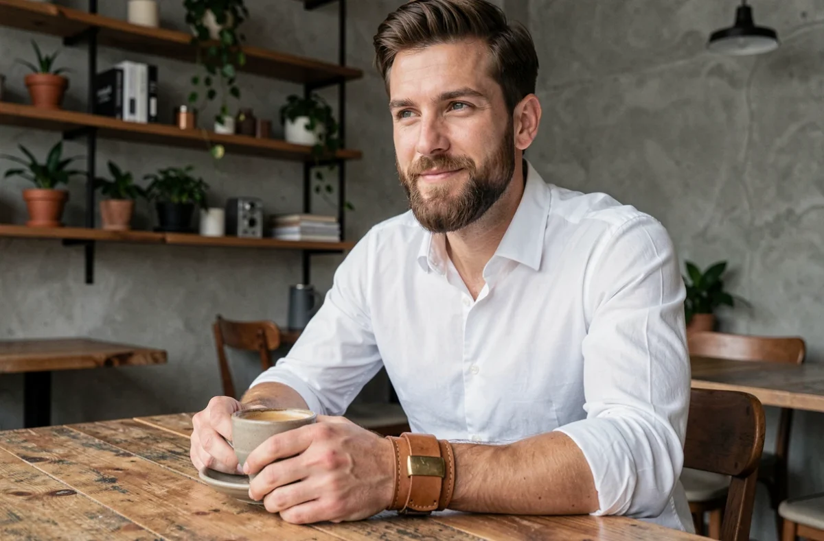 Homme barbu arborant un bracelet de force en cuir tan avec hardware en laiton dans un café urbain moderne, style casual chic