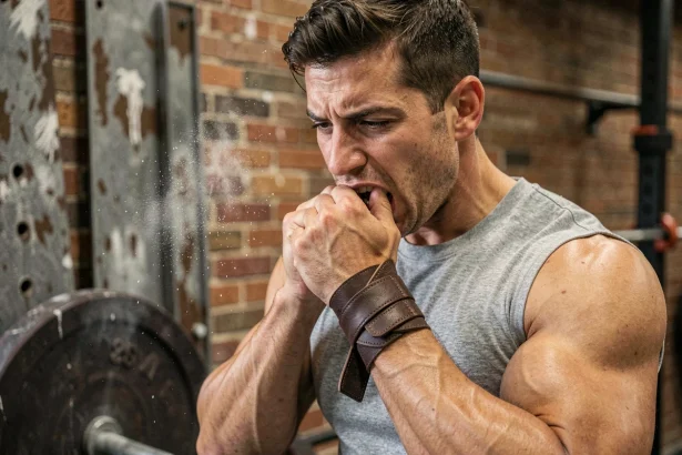 Homme portant un bracelet de force en cuir marron foncé dans une salle de musculation industrielle, avant une séance de soulevé de terre
