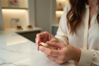 Femme tenant un bracelet en or plaqué 18 carats dans une boutique de bijoux minimaliste