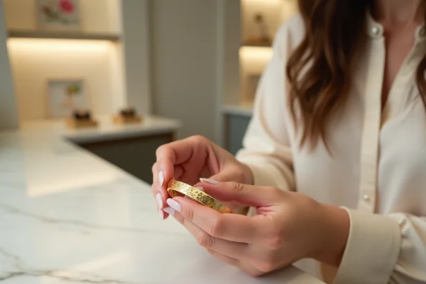 Femme tenant un bracelet en or plaqué 18 carats dans une boutique de bijoux minimaliste