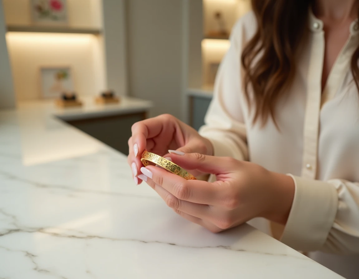 Femme tenant un bracelet en or plaqué 18 carats dans une boutique de bijoux minimaliste