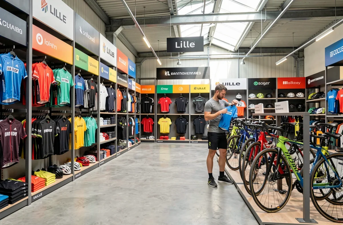 Espace Btwin Village Decathlon à Lille avec vêtements de cyclisme technique et vélos exposés