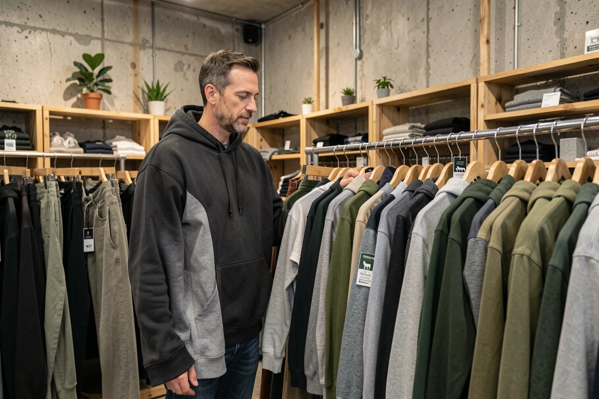 Homme parcourant des vêtements streetwear engagés pour les animaux dans une boutique concept store