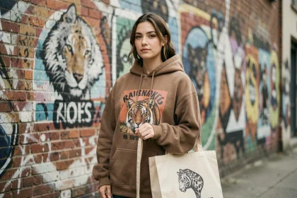 Jeune femme portant un hoodie streetwear Bullrot avec imprimé animalier devant un mur urbain peint
