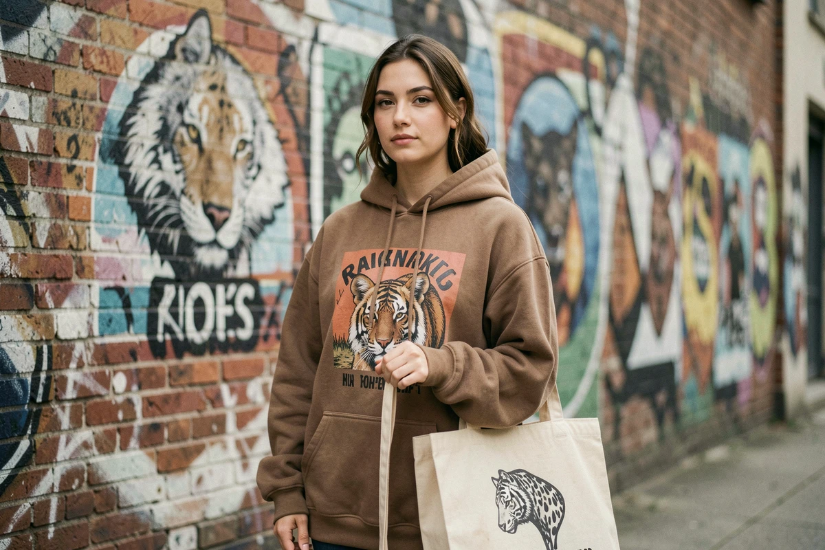 Jeune femme portant un hoodie streetwear Bullrot avec imprimé animalier devant un mur urbain peint