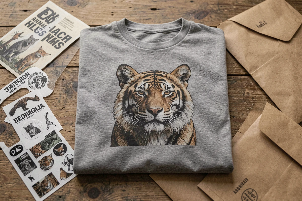 Flat lay éditorial d'un t-shirt streetwear Bullrot avec imprimé animal et accessoires engagés