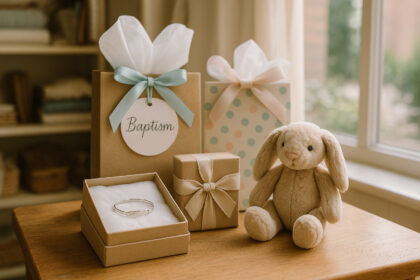 Photo hyperrealiste de cadeaux de bapteme élégants en boutique