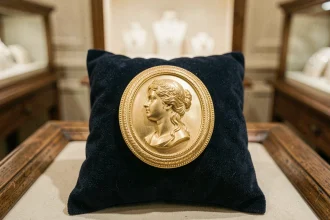 Broche camée en or 18 carats avec portrait féminin sculpté sur fond de velours marine dans une bijouterie de luxe