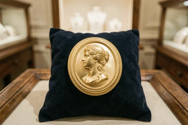 Broche camée en or 18 carats avec portrait féminin sculpté sur fond de velours marine dans une bijouterie de luxe