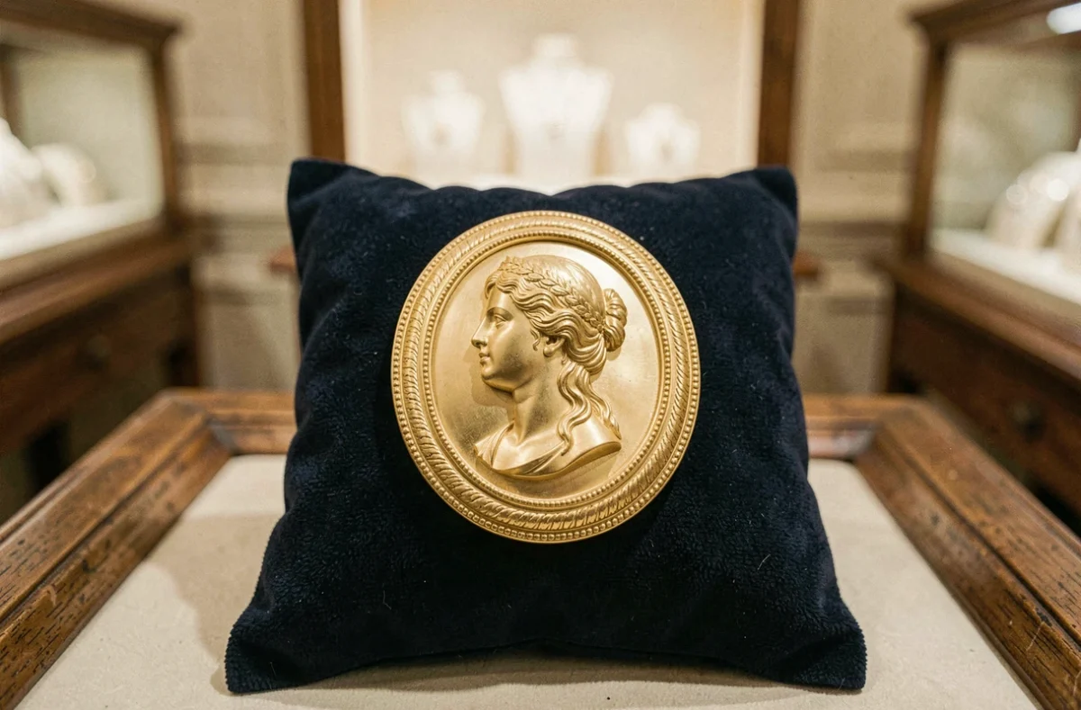 Broche camée en or 18 carats avec portrait féminin sculpté sur fond de velours marine dans une bijouterie de luxe