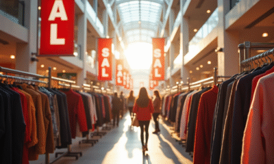 Centre commercial lumineux avec acheteurs et panneaux sale