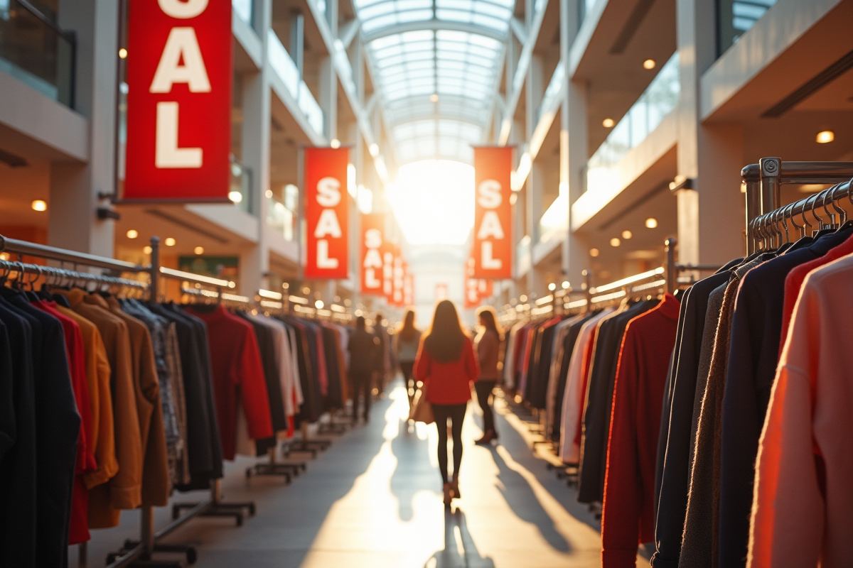 Centre commercial lumineux avec acheteurs et panneaux sale