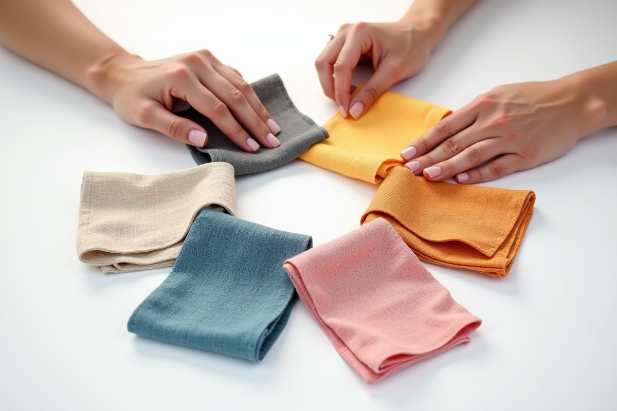 Mains touchant des échantillons de coton soie laine et lin en cercle