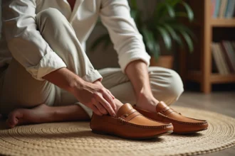 Homme d'âge moyen portant des babouches en cuir dans un salon lumineux