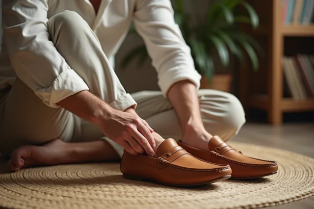Homme d'âge moyen portant des babouches en cuir dans un salon lumineux