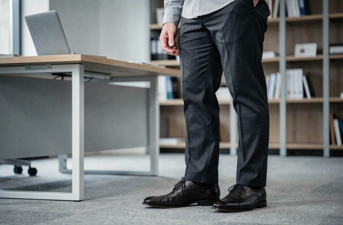 Homme en tenue professionnelle portant des chaussures de bureau confortables en cuir dans un bureau moderne