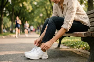 Femme attachant ses chaussures de marche confortables sur un banc en bois dans un parc urbain