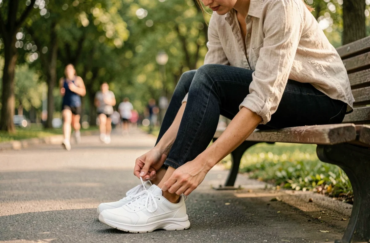 Femme attachant ses chaussures de marche confortables sur un banc en bois dans un parc urbain