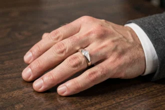 Chevalière en or blanc pour homme avec pierre diamant sur fond bois sombre, vue macro détaillée
