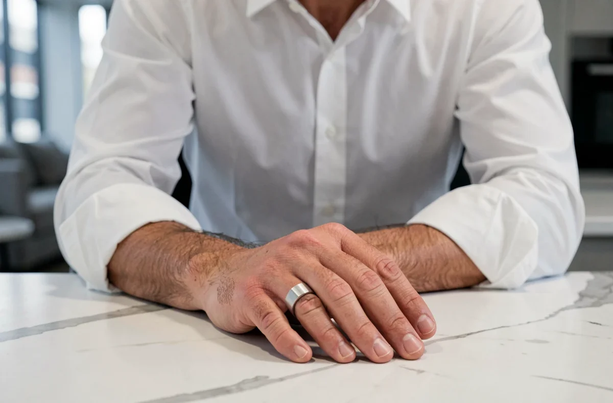 Homme portant une chevalière or blanc sans pierre au petit doigt, style minimaliste moderne