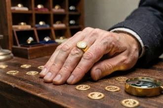 Chevalière en or massif pour homme portée sur l'auriculaire, posée sur un établi de bijoutier avec loupe et poinçons