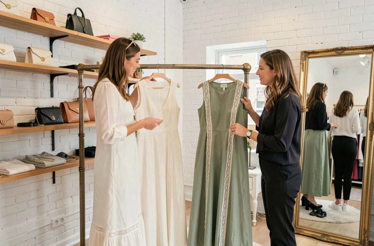 Deux femmes choisissant une robe SINEQUANONE pour un mariage dans une boutique parisienne