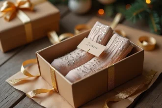 Coffret cadeau chaussettes pailletées personnalisées ouvert sur une table en bois avec ruban doré et carte personnalisée
