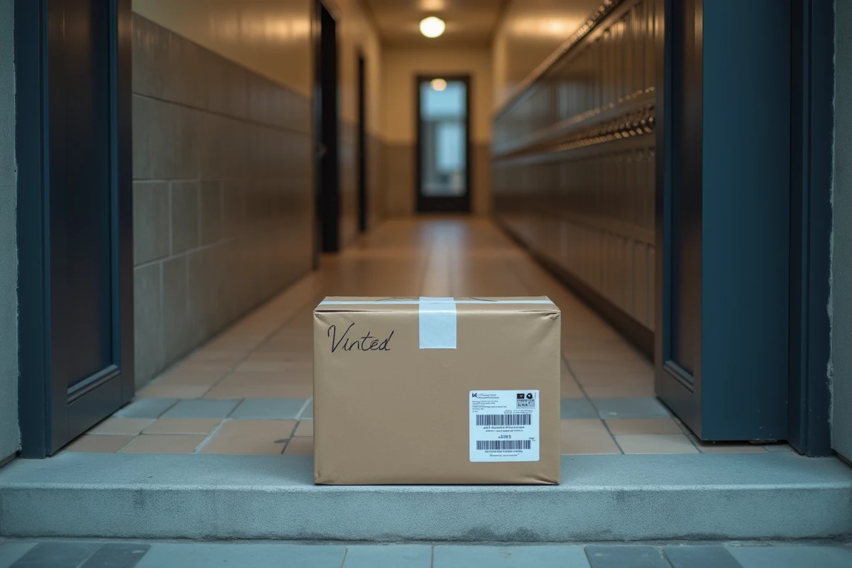 Colis Vinted non récupéré abandonné devant une porte d'appartement avec étiquette d'expédition visible